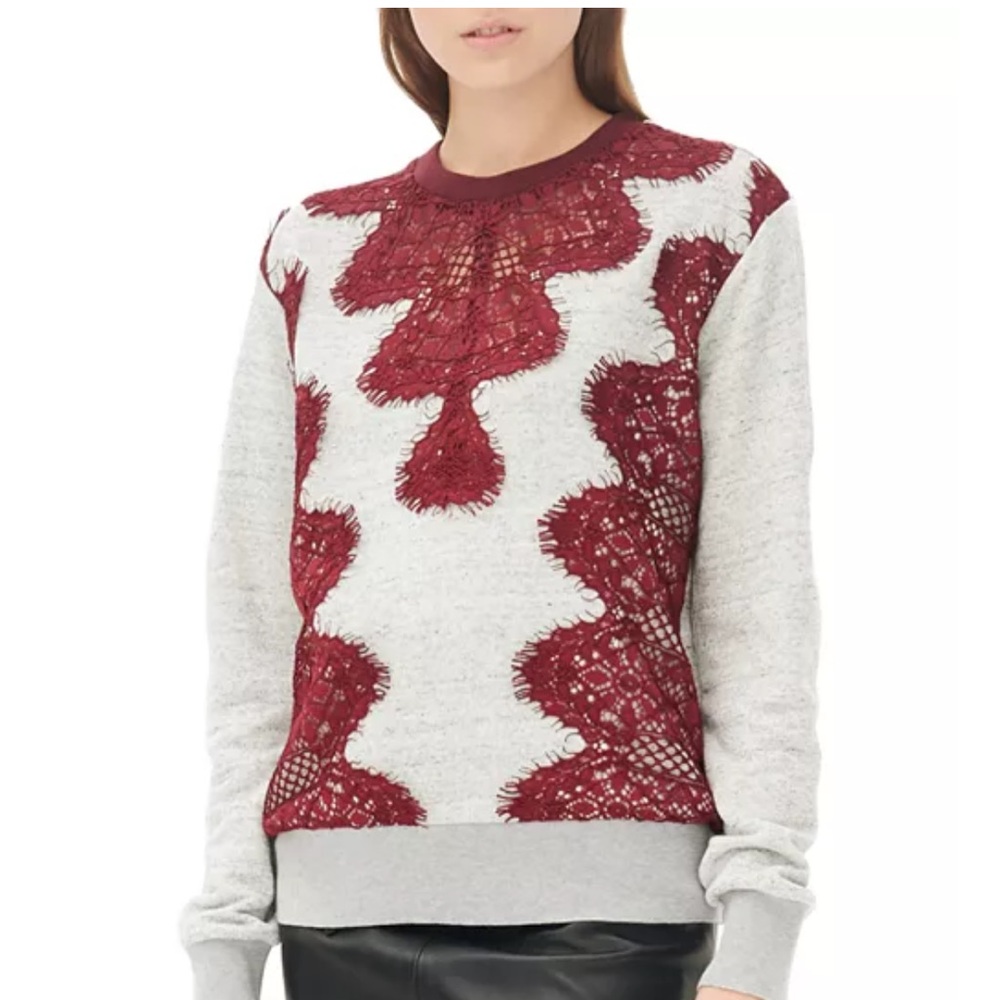 Sandro Paris Tipsy Burgundy and White Lace Sweatshirt